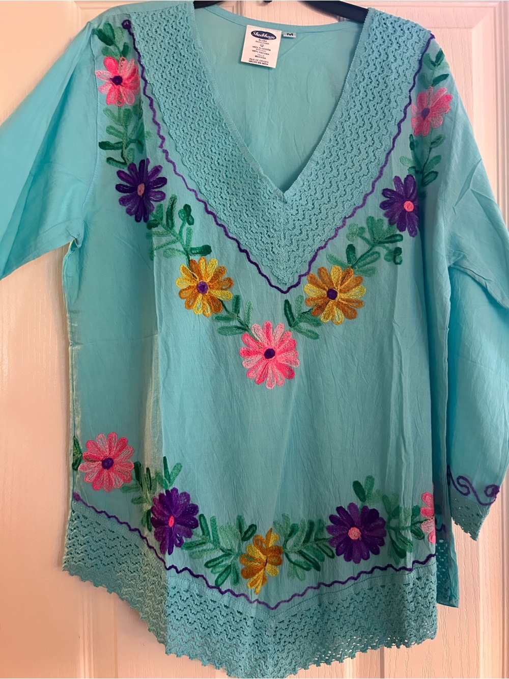 Turquoise Embroidered Floral V-Neck Tunic